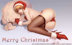Rule 34 | 1girl, ass, blonde hair, breasts, christmas, gloves, hat, high heels, highres, large breasts, legs, long legs, looking at viewer, lying, musou orochi, on side, panties, parted lips, red gloves, ryushin, sack, santa costume, santa hat, shin sangoku musou, shiny skin, shoes, sideboob, solo, thighhighs, thighs, underwear, underwear only, wang yuanji, yellow eyes