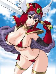 Rule 34 | 1girl, armor, bikini armor, breasts, circlet, dragon quest, dragon quest iii, elbow gloves, gloves, hat, helmet, jewelry, long hair, mitre, open mouth, purple hair, red armor, shield, shoulder pads, soldier (dq3), solo, sword, thigh strap, weapon, winged helmet, yukiyanagi