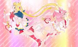 Rule 34 | 2girls, :d, artist name, back bow, bishoujo senshi sailor moon, bishoujo senshi sailor moon supers, blonde hair, blue eyes, blue sailor collar, boots, bow, bowtie, brooch, chibi usa, choker, circlet, commentary, cone hair bun, crystal carillon, double bun, earrings, elbow gloves, from side, full body, gloves, hair bun, hair ornament, heart, heart brooch, holding, holding wand, jewelry, kaze-hime, knee boots, long hair, looking at viewer, magical girl, multiple girls, open mouth, pink footwear, pink hair, pink sailor collar, pleated skirt, profile, red bow, red eyes, red footwear, red neckwear, sailor chibi moon, sailor collar, sailor moon, skirt, smile, super sailor chibi moon, super sailor moon, tsukino usagi, twintails, very long hair, wand, white gloves, yellow choker