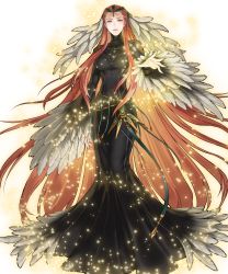 Rule 34 | 1girl, ashera (fire emblem), black dress, breasts, circlet, detached sleeves, dress, feather trim, feathers, fingernails, fire emblem, fire emblem: radiant dawn, fire emblem heroes, full body, gem, hair ornament, hand up, highres, jewelry, kita senri, light particles, long dress, long hair, long sleeves, looking at viewer, medium breasts, nintendo, official art, parted lips, red eyes, red hair, standing, transparent background, turtleneck, wide sleeves