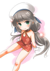 Rule 34 | 1girl, absurdres, alternate costume, china dress, chinese clothes, commentary request, dress, feet out of frame, gloves, green eyes, grey hair, hat, highres, kantai collection, long hair, looking at viewer, low twintails, mikura (kancolle), one-hour drawing challenge, panties, red dress, sailor hat, sitting, sleeveless, sleeveless dress, smile, solo, taisinkoku, twintails, underwear, white background, white gloves, white hat, white panties