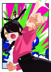 Rule 34 | 1boy, 1girl, black hair, black pants, braid, braided ponytail, chainsaw man, clenched hand, denji (chainsaw man), hair over one eye, halftone, highres, looking to the side, medium hair, nayuta (chainsaw man), open mouth, pants, pink sweater, pointing, pointing to the side, ringed eyes, sharp teeth, shirt, sweater, sweater tucked in, teeth, ten ten 10 10, white shirt, yellow eyes