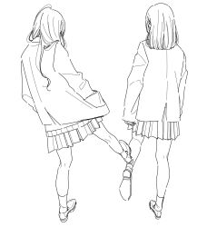 Rule 34 | 2girls, from behind, full body, greyscale, hands in pockets, highres, jacket, kamatama rom, lineart, loafers, long hair, long sleeves, medium hair, monochrome, multiple girls, original, pleated skirt, school uniform, shoes, simple background, sketch, skirt, sleeves past wrists, socks, white background