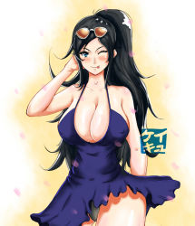 Rule 34 | 1girl, bare shoulders, black hair, blue dress, blue eyes, blush, breasts, cleavage, covered erect nipples, dress, dressrosa, huge breasts, keikyu, keikyu (tiltedcube), kyukei, large breasts, long hair, looking at viewer, nico robin, one eye closed, one piece, ponytail, smile, solo, standing, sunglasses, tongue, tongue out