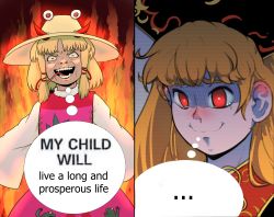 Rule 34 | ..., animal print, black dress, blonde hair, chinese clothes, collared shirt, crescent, crying, crying with eyes open, dress, english text, fire, forked tongue, frog print, glowing, glowing eyes, hair ribbon, hat, hell, highres, horns, junko (touhou), long hair, long sleeves, meme, moriya suwako, my child will (meme), orange hair, parted bangs, phoenix crown, purple skirt, purple vest, red eyes, red horns, revenge (vengerezn), ribbon, shirt, short hair, skirt, skirt set, sleeves past wrists, tabard, tears, tongue, touhou, turtleneck, vest, white shirt, wide sleeves, yellow ribbon