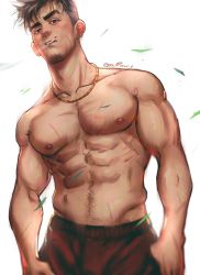 Rule 34 | 1boy, abs, bara, greenteaa, highres, jewelry, large pectorals, looking at viewer, male focus, mature male, muscular, muscular male, necklace, nipples, open mouth, original, pectorals, short hair, smoking, solo, spiked hair, thick eyebrows, topless male