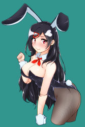 Rule 34 | 1girl, animal ears, areola slip, ass, bad id, bad pixiv id, black hair, black pantyhose, blush, bow, bowtie, breasts, cleavage, covered erect nipples, detached collar, fake animal ears, faon ouji, female focus, fishnet pantyhose, fishnets, highres, large breasts, leotard, long hair, looking at viewer, original, pantyhose, playboy bunny, rabbit ears, rabbit tail, red eyes, simple background, solo, tail, wrist cuffs