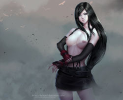 Rule 34 | 1990s (style), 1girl, black hair, breasts, chuby mi, elbow gloves, final fantasy, final fantasy vii, fingerless gloves, gloves, gradient background, highres, looking at viewer, navel, nipples, retro artstyle, skirt, solo, stomach, suspenders, tifa lockhart, topless, upper body