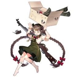 Rule 34 | &gt; &lt;, 1girl, ^^^, aged down, animal ear hairband, animal ears, animal sticker, bamboo shoot, bandaid, bandaid on arm, bandaid on knee, bandaid on leg, black shorts, bow, bowtie, box, braid, brown hair, carbine, cardboard box, closed eyes, dress, fake animal ears, feet, full body, girls&#039; frontline, green dress, gun, gun on back, hair bow, hair ornament, hairband, hairclip, hands up, kan (rainconan), long hair, low twin braids, mouse (animal), no shoes, official alternate costume, official art, open box, open mouth, panda, red bow, red bowtie, red wristband, rifle, safety scissors, scissors, scroll, scrunchie, shirt, short sleeves, shorts, shorts under dress, simple background, sks, socks, solo, star (symbol), third-party source, transparent background, twin braids, type 56 carbine (girls&#039; frontline), type 56 carbine (panda-eared seamstress) (girls&#039; frontline), very long hair, weapon, weapon on back, white shirt, white socks, winding key, wrist scrunchie, yellow scrunchie