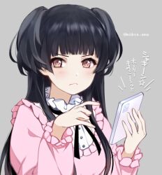 Rule 34 | 1girl, black hair, blush, brown eyes, cellphone, closed mouth, frilled shirt collar, frills, frown, grey background, hands up, holding, holding phone, idolmaster, idolmaster shiny colors, long hair, long sleeves, looking at viewer, mayuzumi fuyuko, mopiwo, neck ribbon, phone, pink shirt, ribbon, shirt, simple background, solo, translation request, twitter username, two side up, upper body, v-shaped eyebrows