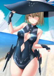 Rule 34 | 1girl, alice margatroid, bare arms, bare legs, bare shoulders, beach, black gloves, black hat, black one-piece swimsuit, blonde hair, breasts, cleavage, cleavage cutout, clothing cutout, commission, cowboy shot, day, fingerless gloves, gloves, groin, hair between eyes, hat, highres, large breasts, looking at viewer, nori tamago, ocean, one-piece swimsuit, open mouth, outdoors, short hair, skeb commission, solo, swimsuit, touhou, witch hat, yellow eyes