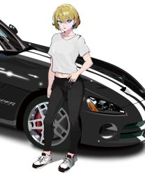 Rule 34 | 1girl, black car, black pants, blonde hair, blue eyes, breasts, car, collarbone, commentary, dodge viper, english commentary, full body, grey shirt, hand on own hip, highres, kaiware, leggings, looking at viewer, medium breasts, medium hair, midriff, motor vehicle, navel, open mouth, original, pants, shirt, shoes, short sleeves, sneakers, solo, sports car, standing, white background, white footwear