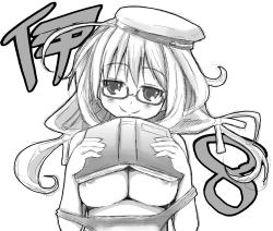 Rule 34 | 10s, 1girl, ahoge, beret, blush, book, breasts, character name, glasses, greyscale, hat, highres, i-8 (kancolle), kantai collection, large breasts, long hair, monochrome, naz (garyuuya), school swimsuit, smile, solo, strap slip, swimsuit, underboob