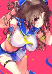 Rule 34 | 1girl, airi rei, armpits, arms up, ascot, beret, blue hat, blue sailor collar, blush, breasts, brown hair, cropped shirt, feet out of frame, groin, hand in own hair, hat, highres, ichikawa hinana, idolmaster, idolmaster shiny colors, large breasts, looking at viewer, miniskirt, navel, pleated skirt, sailor collar, shirt, skirt, sleeveless, sleeveless shirt, smile, solo, stomach, thigh strap, two-tone skirt, yellow ascot