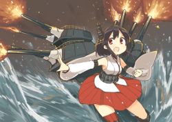 Rule 34 | 10s, 1girl, absurdres, attack, black hair, detached sleeves, firing, hair ornament, hakama, hakama short skirt, hakama skirt, haori, highres, japanese clothes, kantai collection, leg up, long sleeves, looking at viewer, machinery, night, night sky, nontraditional miko, open mouth, outdoors, outstretched arm, pleated skirt, red eyes, red hakama, red skirt, short hair, skirt, sky, solo, tekka maki (wafuu-bune), turret, water, yamashiro (kancolle)