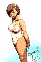 Rule 34 | 1girl, :d, blush, breasts, brown hair, dated, embarrassed, female pubic hair, flying sweatdrops, hair ornament, hairclip, medium breasts, navel, nipples, nude, one-piece tan, open mouth, pubic hair, sanemichi hajime, short hair, signature, smile, solo, standing, sweat, tan, tanline, yellow eyes