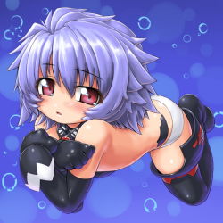 Rule 34 | 10s, 1girl, altines, bad id, bad pixiv id, blue hair, blush, bubble, busou shinki, choker, covering privates, covering breasts, crossed arms, dd (ijigendd), elbow gloves, female focus, flat chest, full body, gloves, hair down, open mouth, panties, red eyes, solo, thighhighs, topless, underwater, underwear