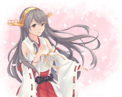 Rule 34 | 1girl, detached sleeves, grey hair, hair ornament, hairclip, hand on own chest, haruna (kancolle), haruna kai ni (kancolle), headgear, highres, ichimai (apieceof ray151), kantai collection, long hair, looking at viewer, nontraditional miko, ribbon-trimmed sleeves, ribbon trim, smile, solo, upper body, wide sleeves