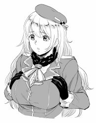 Rule 34 | 10s, 1girl, atago (kancolle), beret, bow, bowtie, breasts, breasts squeezed together, epaulettes, gloves, greyscale, hat, kantai collection, large breasts, long hair, long sleeves, monochrome, nathaniel pennel, simple background, solo, upper body, white background