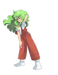Rule 34 | 10s, 1girl, 2016, absurdres, alystown, full body, green hair, hair over one eye, highres, kazami yuuka, kazami yuuka (pc-98), long hair, looking at viewer, lotus land story, pants, plaid, plaid vest, red eyes, red theme, self-upload, smile, solo, standing, touhou, touhou (pc-98), transparent background, vest
