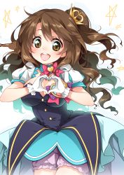 Rule 34 | 10s, 1girl, :d, blush, breasts, brown eyes, brown hair, cleavage, commentary request, crown, dress, gloves, heart, heart hands, idolmaster, idolmaster cinderella girls, large breasts, long hair, looking at viewer, mini crown, one side up, open mouth, puff and slash sleeves, puffy short sleeves, puffy sleeves, reina (black spider), shimamura uzuki, side ponytail, skirt, smile, solo, star!!, white gloves