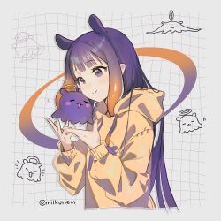 Rule 34 | 1girl, 1other, :d, = =, artist name, blunt bangs, blush stickers, halo, hololive, hololive english, hood, hoodie, long hair, looking down, milkuriem, ninomae ina&#039;nis, open hands, open mouth, purple eyes, purple hair, simple background, smile, takodachi (ninomae ina&#039;nis), tentacle hair, twitter username, upper body, virtual youtuber, white background, yellow hoodie