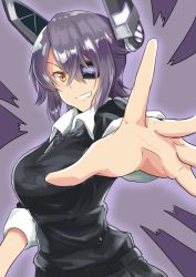 Rule 34 | 1girl, breasts, checkered clothes, checkered necktie, checkered neckwear, clenched teeth, commentary request, eyepatch, headgear, highres, horns, kantai collection, ken hayasaka, large breasts, looking at viewer, mechanical horns, necktie, outstretched hand, purple hair, short hair, smirk, solo, sweater, teeth, tenryuu (kancolle), yellow eyes