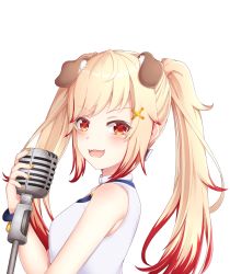 Rule 34 | 1girl, nanashi inc., animal ears, animare, blonde hair, blush, breasts, choker, commentary request, dog ears, fangs, hair ornament, highres, holding, holding microphone, long hair, looking at viewer, looking to the side, medium breasts, microphone, multicolored hair, nail polish, open mouth, red hair, rin (0917608), seshima rui, shirt, simple background, sleeveless, sleeveless shirt, smile, solo, studio microphone, transparent background, twintails, virtual youtuber, white shirt, x hair ornament, yellow nails
