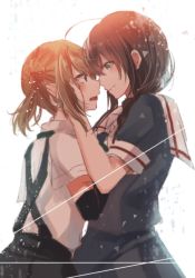 Rule 34 | 2girls, ahoge, blonde hair, blue eyes, blush, braid, brown hair, commentary request, double bun, eye contact, face-to-face, from side, hair bun, imminent kiss, kantai collection, long hair, looking at another, michishio (kancolle), multiple girls, open mouth, pleated skirt, profile, rinto (rint rnt), school uniform, serafuku, shigure (kancolle), shirt, short sleeves, short twintails, single braid, sketch, skirt, smile, standing, suspender skirt, suspenders, twintails, white background, white shirt, yuri