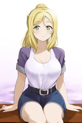 Rule 34 | 1girl, barkhorn0331, belt, bench, black belt, blonde hair, blush, breasts, cleavage, closed mouth, highres, looking at viewer, love live!, love live! sunshine!!, medium breasts, ohara mari, on bench, shirt, shorts, sitting, solo, white shirt, yellow eyes