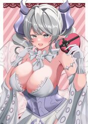 Rule 34 | 1girl, absurdres, blush, box, box of chocolates, breasts, cleavage, duel monster, earrings, gloves, heart-shaped box, highres, horns, jewelry, lafremi, large breasts, lovely labrynth of the silver castle, pointy ears, solo, valentine, yu-gi-oh!