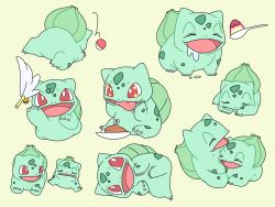Rule 34 | bad id, bad twitter id, bell, bowl, bulbasaur, cat teaser, claws, closed eyes, creatures (company), curry, drooling, fangs, food, game freak, gelatin, gen 1 pokemon, highres, kino (sea55tea), lying, nintendo, no humans, on side, open mouth, poke ball, poke ball (basic), pokemon, pokemon (creature), red eyes, saliva, simple background, smile, spoon, tongue
