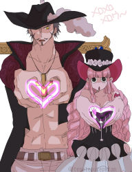 Rule 34 | 1boy, 1girl, artist request, bat (symbol), belt, breasts, dracule mihawk, drill hair, expressionless, facial hair, hat, hat feather, heart, heart hands, highres, jewelry, large breasts, light smile, long hair, looking at viewer, muscular, mustache, one piece, open clothes, open shirt, pectorals, pendant, perona, shirt, shoulder tattoo, simple background, size difference, standing, sword, tattoo, twitter username, very long hair, weapon, white background, wide hips, yoru (one piece)