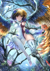 Rule 34 | 1girl, :&lt;, armor, armored boots, armpits, bare tree, blue feathers, blue flower, blue rose, bob cut, boots, bow, braid, branch, breasts, brown feathers, brown hair, character request, closed mouth, commentary request, day, facial tattoo, feathered wings, feathers, flower, flying, forest, from below, hair between eyes, hair bow, hair flower, hair ornament, harpy, highres, leg up, looking away, lord of vermilion, lord of vermilion iii, medium breasts, monster girl, multicolored wings, nature, orange eyes, orange feathers, outdoors, pink bow, rose, shimo (depthbomb), shiny skin, short hair, side braid, single boot, single thighhigh, solo, spread wings, tattoo, thighhighs, tree, white thighhighs, wind, winged arms, wings