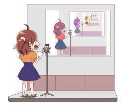 Rule 34 | &gt; &lt;, 1girl, :d, > <, colorized, dress, dubbing process, closed eyes, higuchi (trigger), microphone, microphone stand, official art, open mouth, promotional art, recording, recording studio, recursion, screaming, smile, studio, studio microphone, trigger (company), xd