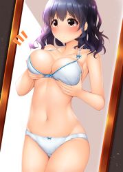 Rule 34 | 1girl, bare arms, bare shoulders, black hair, blush, bow, bow bra, bow panties, bra, breast lift, breasts, brown eyes, closed mouth, collarbone, commentary request, groin, hair between eyes, highres, lifting own clothes, long hair, looking at mirror, medium breasts, minato ojitan, mirror, navel, notice lines, original, panties, reflection, solo, underwear, white bra, white panties