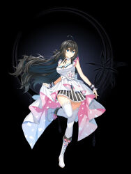 Rule 34 | 1girl, :o, ahoge, back bow, black background, black bow, black flower, black hair, blue eyes, boots, bow, braid, breasts, cleavage, closers, crescent, cross-laced footwear, cross tie, detached collar, dress, dress bow, flower, foot up, footwear bow, french braid, frilled bracelet, full body, hair between eyes, hair bow, high heel boots, high heels, highres, knee boots, lace, lace-trimmed legwear, lace-up boots, lace trim, large breasts, long hair, looking at viewer, official art, pink bow, short dress, skirt hold, sleeveless, sleeveless dress, solo, standing, standing on one leg, striped clothes, striped dress, tachi-e, thighhighs, vertical-striped clothes, vertical-striped dress, very long hair, white bow, white dress, white footwear, white thighhighs, yuri seo