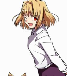 Rule 34 | 1girl, animal ears, arcueid brunestud, arms behind back, blonde hair, cat ears, dress, eyebrows hidden by hair, from side, hair intakes, highres, looking at viewer, one eye closed, open mouth, red eyes, shirt, short hair, simple background, smile, solo, tsukihime, white background, yuuma (u-ma)