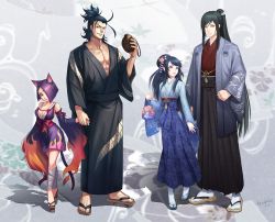 Rule 34 | 10s, 2boys, 2girls, abs, animal ears, bandaged leg, bandages, bare shoulders, black hair, black kimono, blue eyes, blue skirt, breasts, cat ears, cat girl, cat tail, cleavage, couple, elyoncat, facial hair, facial mark, female saniwa (touken ranbu), flame print, geta, gourd, grin, hair over one eye, haori, height difference, highres, holding hands, japanese clothes, kimono, korean clothes, large breasts, long hair, long sleeves, looking at another, looking at viewer, manly, multiple boys, multiple girls, muscular, nail polish, nihongou (touken ranbu), obi, parted lips, purple hair, sash, short kimono, skirt, smile, standing, stubble, swept bangs, tabi, tail, tarou tachi, toenail polish, toenails, touken ranbu, traditional clothes, very long hair, wide sleeves, yellow eyes