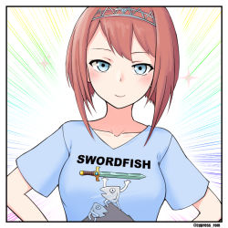 Rule 34 | 1girl, alternate costume, ark royal (kancolle), blue eyes, blue shirt, blush, bob cut, border, breasts, clothes writing, cypress, fish, fish head, kantai collection, looking at viewer, medium breasts, red hair, shirt, shitty t-shirt naval base, short hair, short sleeves, simple background, smile, solo, sparkle, sword, t-shirt, tiara, twitter username, upper body, weapon
