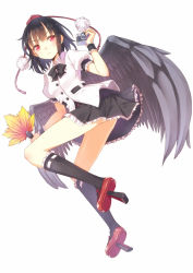 Rule 34 | 1girl, black hair, black wings, bow, camera, expressionless, full body, geta, hand fan, hat, looking at viewer, md5 mismatch, red eyes, shameimaru aya, short hair, simple background, skirt, solo, tokin hat, touhou, umeboshitora, wings
