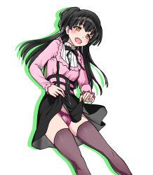 Rule 34 | 1girl, :d, black hair, breasts, cleft of venus, dress, female pubic hair, highres, idolmaster, long hair, mayuzumi fuyuko, open mouth, panties, pink panties, pubic hair, purple thighhighs, see-through, shiwasu no okina, simple background, smile, solo, thighhighs, two side up, underwear, white background, yellow eyes