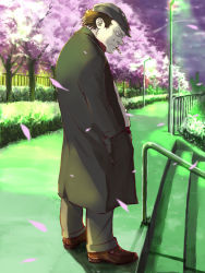 Rule 34 | 1boy, blurry, brown hair, cherry blossoms, cigarette, closed mouth, coat, darker than black, depth of field, facial hair, flat cap, from side, frown, full body, hands in pockets, hat, highres, huang (darker than black), kaazu, long coat, male focus, night, night sky, open clothes, open coat, outdoors, pants, petals, railing, scenery, shoes, short hair, sky, solo, stairs, standing, stubble, tree