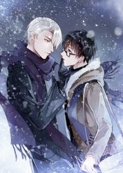 Rule 34 | 2boys, black coat, black gloves, black hair, blue-framed eyewear, blue eyes, blue scarf, blush, brown coat, brown eyes, coat, eye contact, finger to another&#039;s mouth, glasses, gloves, grey sky, hand up, jacket, katsuki yuuri, looking at another, male focus, multiple boys, outdoors, scarf, silver hair, sky, snowing, standing, viktor nikiforov, winter clothes, yaoi, yinzinmiemie, yuri!!! on ice