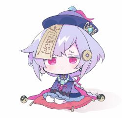 Rule 34 | 1girl, bead necklace, beads, braid, cape, chibi, chinese clothes, coin hair ornament, commentary request, cushion, earrings, genshin impact, hair between eyes, hair ornament, hat, highres, jewelry, jiangshi, long hair, looking at viewer, low ponytail, necklace, no1shyv, ofuda, orb, purple eyes, purple hair, qingdai guanmao, qiqi (genshin impact), seiza, sidelocks, simple background, single braid, sitting, solo, vision (genshin impact), white background, yin yang, yin yang orb