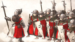 Rule 34 | 6+girls, absurdres, armor, armored gloves, army, balance scale print, bassinet, belt, boots, braid, brown hair, commentary, english commentary, flanged mace, front twin braids sister (ironlily), full body, gambeson, glaive (polearm), gloves, helmet, highres, holding, holding polearm, holding shield, holding weapon, ironlily, kettle helm, kite shield, lady lucerne (ironlily), long hair, lucerne hammer, mace, medieval, mid neutral sister (ironlily), multiple girls, ordo mediare sisters (ironlily), planted, polearm, polehammer, sabaton, scabbard, sheath, shield, short hair sister (ironlily), single braid sister (ironlily), spear, standing, surcoat, sword, twin braids sister (ironlily), weapon
