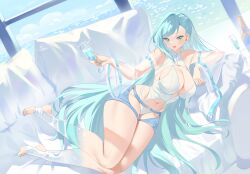Rule 34 | 1girl, barefoot, blue eyes, blue hair, bottle, breasts, couch, cup, curvy, highres, holding, holding cup, large breasts, long hair, looking at viewer, lying, nail polish, navel, on side, original, smile, solo, thick thighs, thighs, zzo (chorizzzzo)