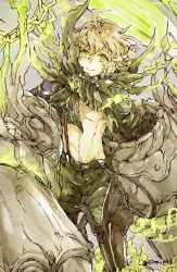 Rule 34 | 1boy, ahoge, ascot, blonde hair, closed mouth, corruption, gauntlets, glowing, green eyes, looking at viewer, male focus, navel, pinocchio (sinoalice), short hair, shorts, sino nb3, sinoalice, smile, solo, suspenders