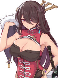 Rule 34 | 1girl, bare arms, bare shoulders, beidou (genshin impact), black hair, breasts, china dress, chinese clothes, cleavage, commentary request, dress, genshin impact, hair ornament, hair stick, half updo, hand up, highres, large breasts, long hair, looking at viewer, no eyepatch, pink eyes, potato h, red dress, simple background, sleeveless, sleeveless dress, solo, upper body, very long hair, white background