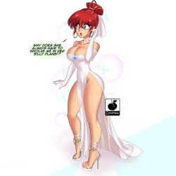 1girl alternate_costume blue_eyes breasts dress earrings english_text feet full_body gold high_heels jewelry large_breasts linkartoon ranma-chan ranma_1/2 red_hair saotome_ranma speech_bubble white_background white_dress